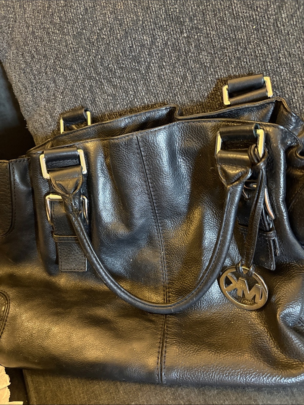 MICHAEL Michael Kors Black Leather Satchel with MK Charm